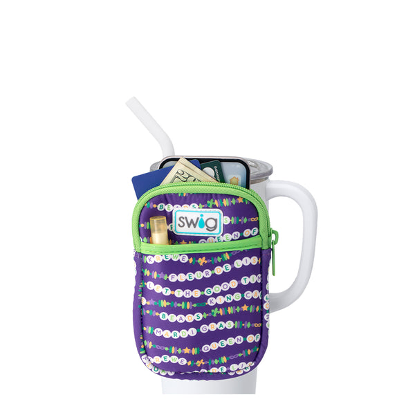 Swig Life My Mardi Era Neoprene Mega Mug Pouch with two pockets containing daily essentials