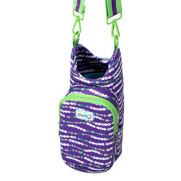 Swig Life My Mardi Era Insulated Neoprene Water Bottle Bag with over the shoulder strap showing button closure from the top