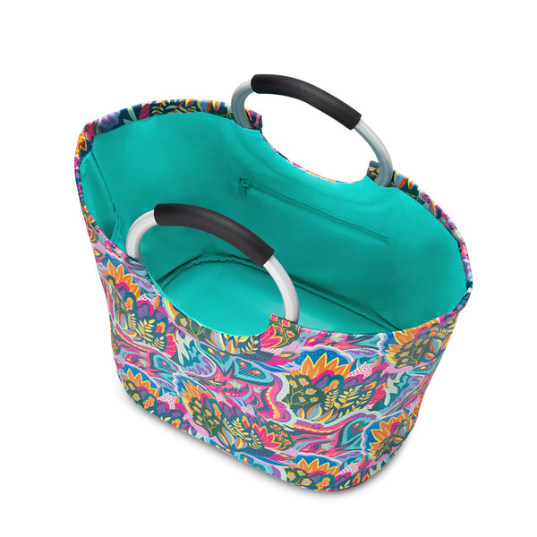 Swig Life Bazaar Loopi Tote Bag open view from the top with aqua insulated liner and inside zipper pocket