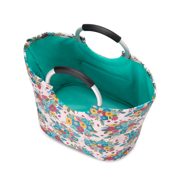 Swig Life Bella Rosa Loopi Tote Bag open view from the top with aqua insulated liner and inside zipper pocket