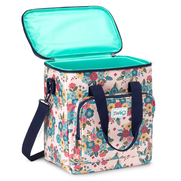 Swig Life Bella Rosa Boxxi 24 Cooler open view showing aqua insulted lining and zipper enclosure