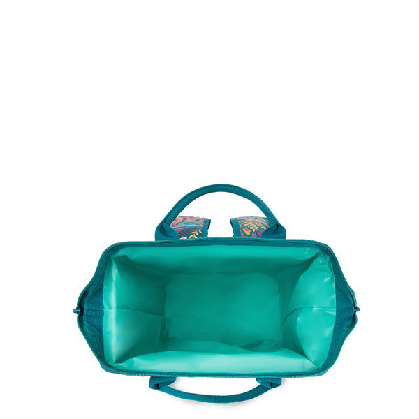 Swig Life Bazaar Packi Backpack Cooler shown open from the top with aqua insulated liner