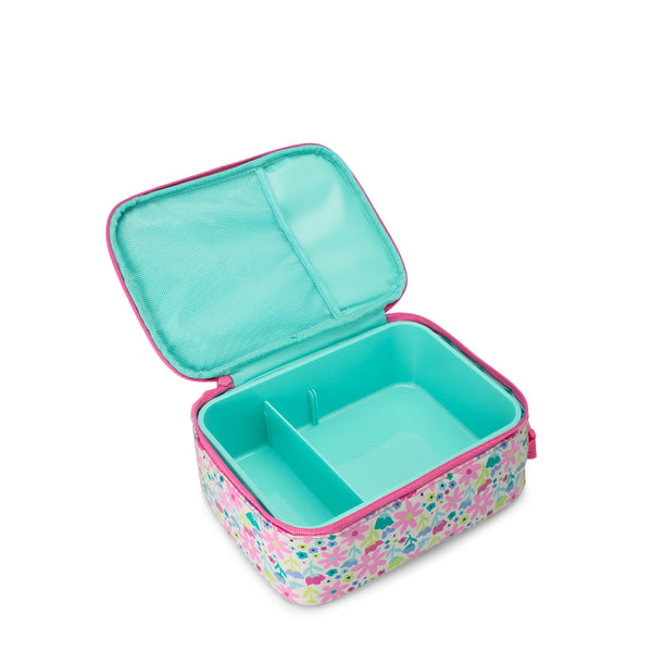 Swig Life Insulated Flower Power Boxxi Lunch Bag back view open view with aqua insert