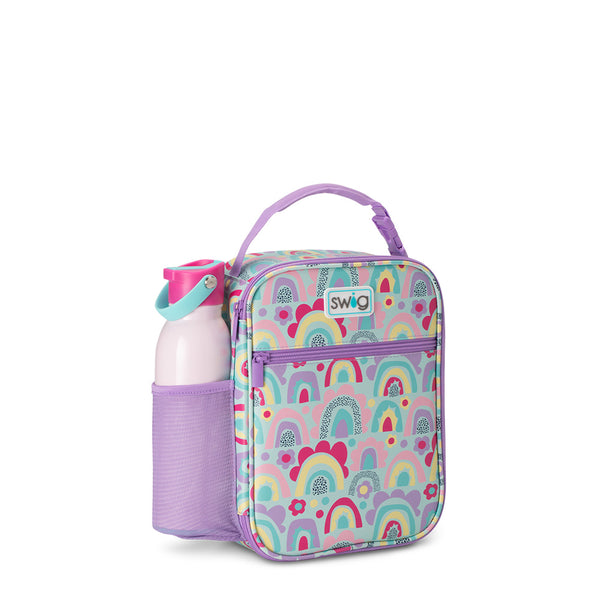 Swig Life Rainglow Boxxi Lunch Bag with Swig Life Cotton Candy 16oz Flip + Sip Bottle in side pocket