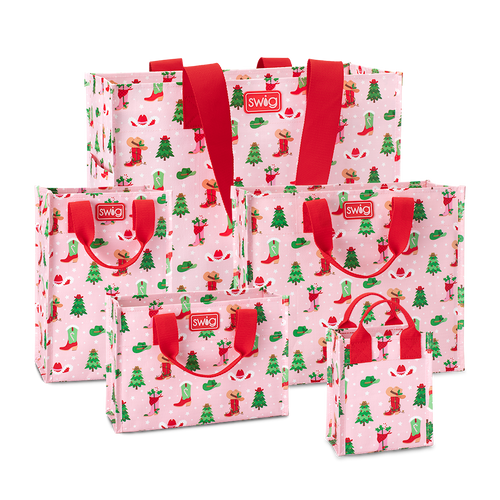 Swig Life Holly Jolly Reusable Gift Bag Bundle featuring one of each Large, Medium, Tall, Small, and Mini Reusable Bags with handles