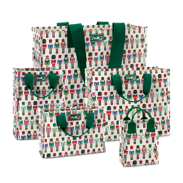 Swig Life Classic Nutcracker Reusable Gift Bag Bundle featuring one of each Large, Medium, Tall, Small, and Mini Reusable Bags with handles