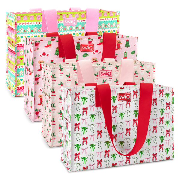 Swig Life Be Jolly Large Gift Bag Bundle featuring 4 large Reusable Bags in prints Cookie Jar, Holly Jolly, Howdy Holidays, and Ribbons & Bows