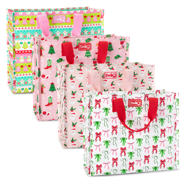 Swig Life Be Jolly Medium Gift Bag Bundle featuring 4 medium Reusable Bags in prints Cookie Jar, Holly Jolly, Howdy Holidays, and Ribbons & Bows