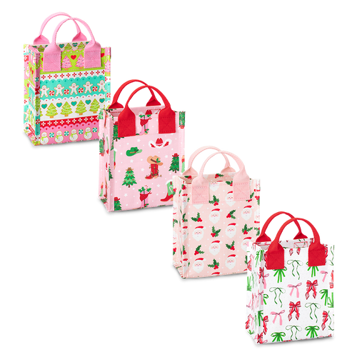 Swig Life Be Jolly Mini Gift Bag Bundle featuring 4 mini Reusable Bags in prints Cookie Jar, Howdy Holidays, Holly Jolly, and Ribbons & Bows