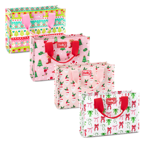 Swig Life Be Jolly Small Gift Bag Bundle featuring 4 small Reusable Bags in prints Cookie Jar, Holly Jolly, Howdy Holidays, and Ribbons & Bows