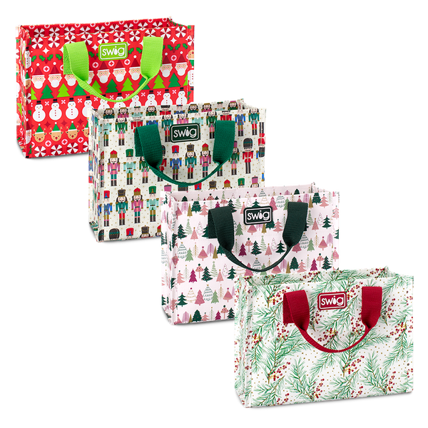 Swig Life Tis the Season Small Gift Bag Bundle featuring 4 small Reusable Bags in prints Christmas Crew, Classic Nutcracker, Tinseled Trees, and Winterberry