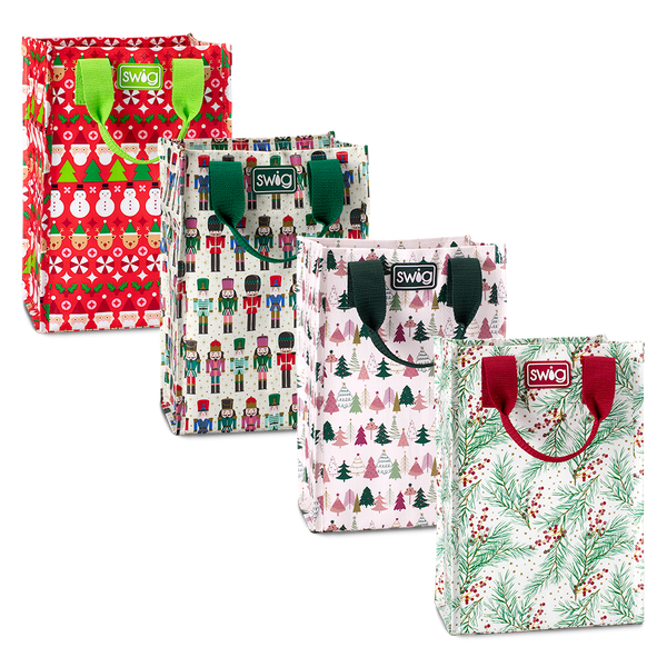 Swig Life Tis the Season Tall Gift Bag Bundle featuring 4 tall Reusable Bags in prints Christmas Crew, Classic Nutcracker, Tinseled Trees, and Winterberry