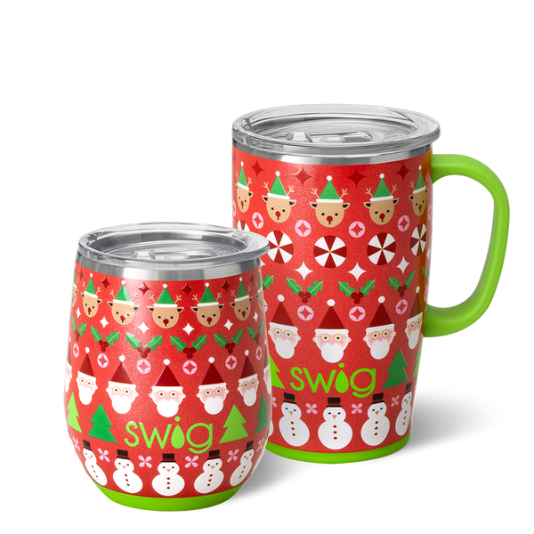 Swig Life Christmas Crew AM + PM Set including a 12oz Stemless Wine Cup and an 18oz Travel Mug