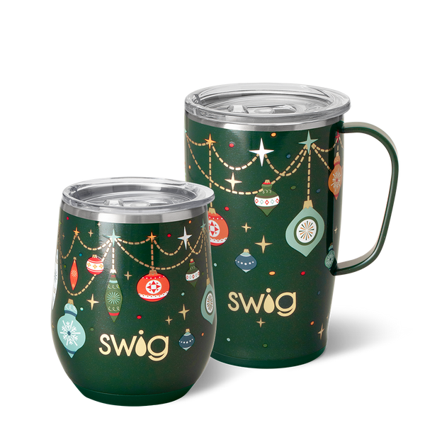 Swig Life Deck the Halls AM + PM Set including a 12oz Stemless Wine Cup and an 18oz Travel Mug