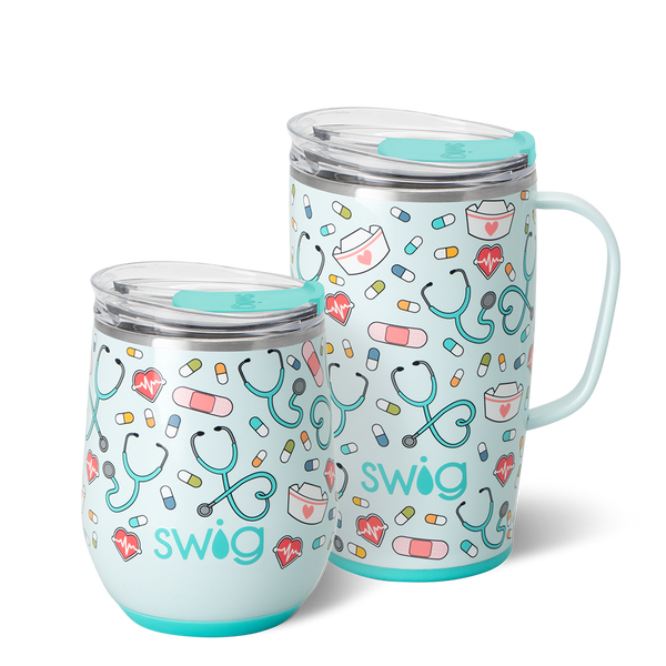 Swig Life Scrub Life AM + PM Set including a 12oz Stemless Wine Cup and an 18oz Travel Mug