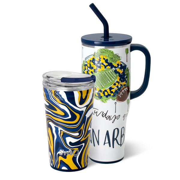 Swig Life Ann Arbor Gameday Set including a 40oz Saturdays Ann Arbor Mega Mug and 24oz Fanzone Party Cup