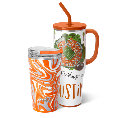 Swig Life Austin Gameday Set including a 40oz Saturdays in Austin Mega Mug and 24oz Fanzone Orange Party Cup