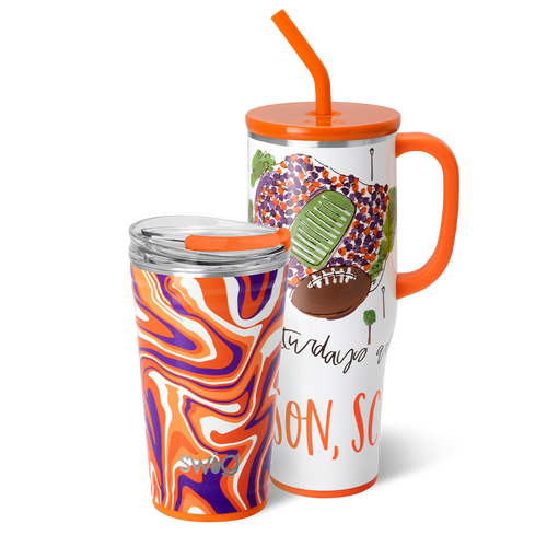 Swig Life Clemson Gameday Set including a 40oz Saturdays Clemson Mega Mug and 24oz Fanzone Party Cup