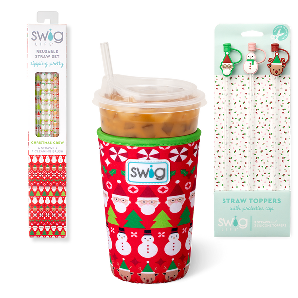 Swig Life Christmas Crew Holiday Stocking Stuffer Bundle featuring an Iced Cup Coolie, Straw Topper Set, and Reusable Straw Set