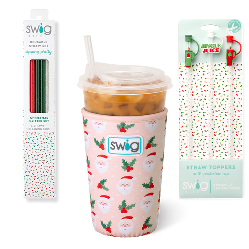 Swig Life Holly Jolly Holiday Stocking Stuffer Bundle featuring an Iced Cup Coolie, Straw Topper Set, and Reusable Straw Set