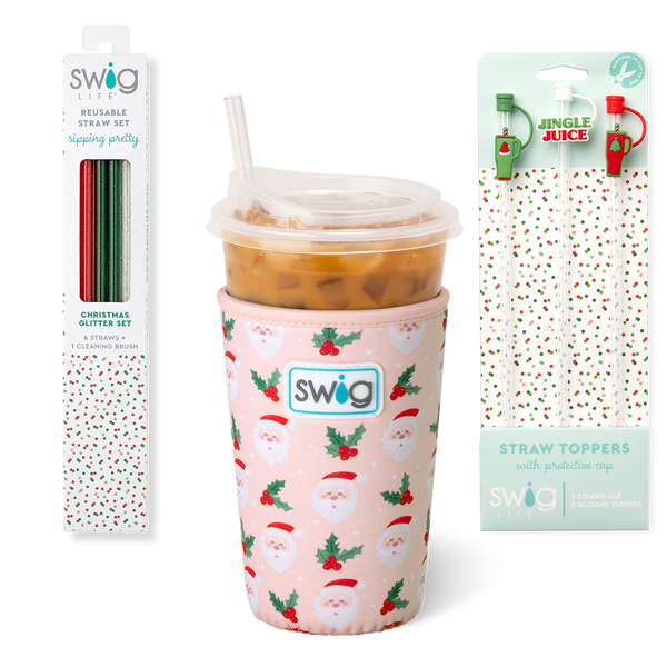 Swig Life Holly Jolly Holiday Stocking Stuffer Bundle featuring an Iced Cup Coolie, Straw Topper Set, and Reusable Straw Set