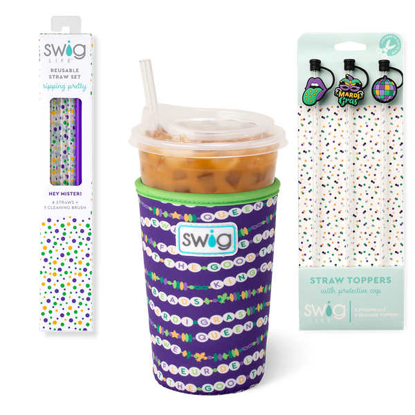 Swig Life My Mardi Era Accessory Bundle featuring an Iced Cup Coolie, Straw Topper Set, and Reusable Straw Set