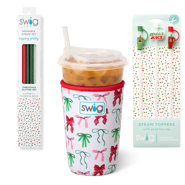 Swig Life Ribbons and Bows Holiday Stocking Stuffer Bundle featuring an Iced Cup Coolie, Straw Topper Set, and Reusable Straw Set