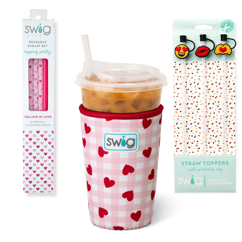 Swig Life Red Hots Accessory Bundle featuring an Iced Cup Coolie, Straw Topper Set, and Reusable Straw Set