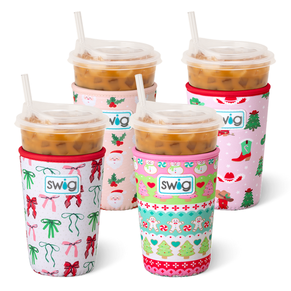 Swig Life Be Jolly Iced Cup Coolie Bundle featuring 4 Coolies in prints Ribbons and Bows, Cookie Jar, Holly Jolly, and Howdy Holidays