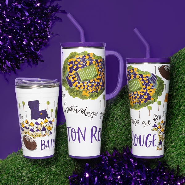 Swig Life Insulated Saturdays in Baton Rouge Drinkware collection on a sports field background