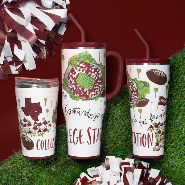 Swig Life Insulated Saturdays in College Station Drinkware collection on a sports field background