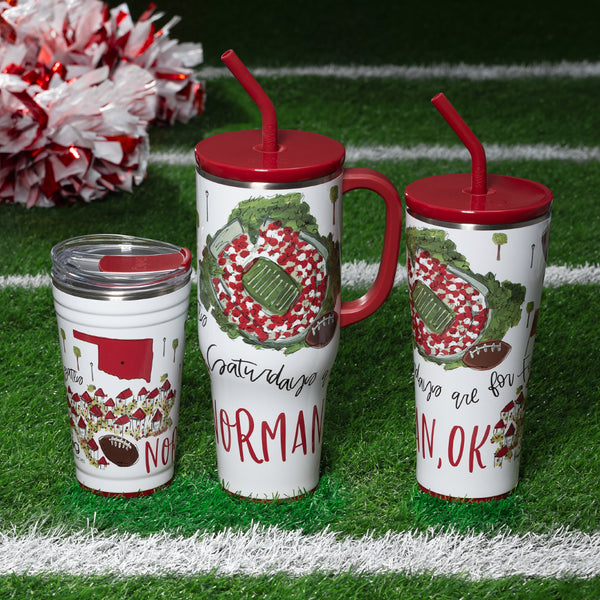 Swig Life Insulated Saturdays in Norman Drinkware collection on a sports field background