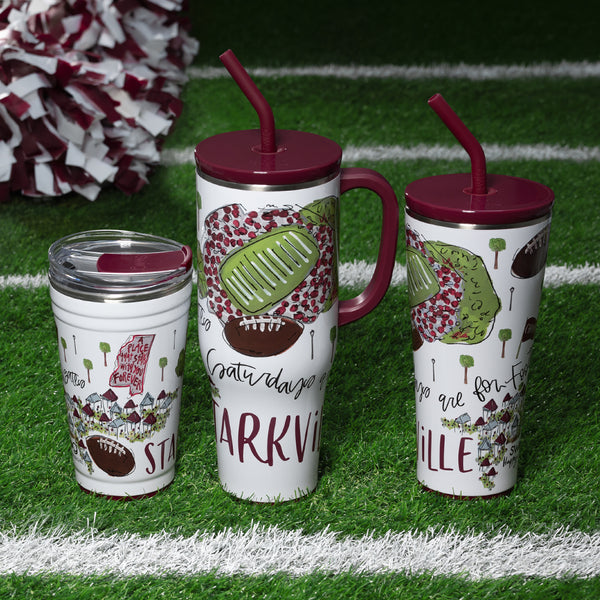 Swig Life Insulated Saturdays in Starkville Drinkware collection on a sports field background