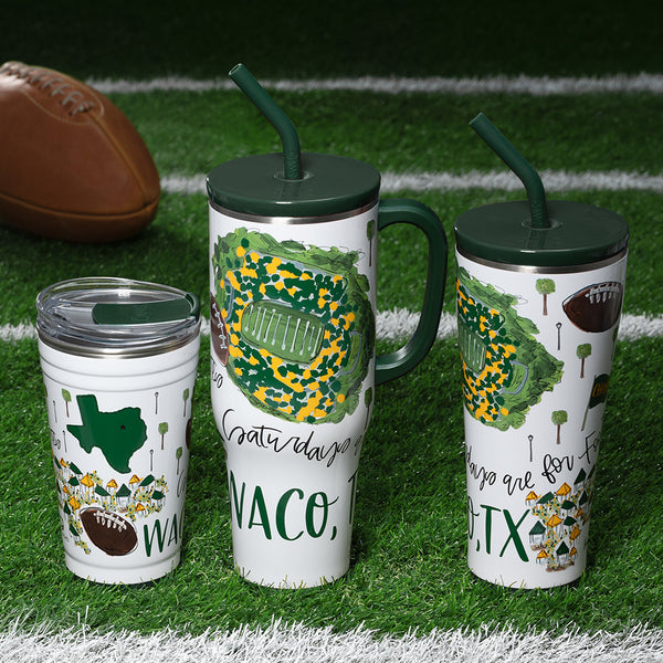 Swig Life Saturdays in Waco Drinkware collection on a sports field background