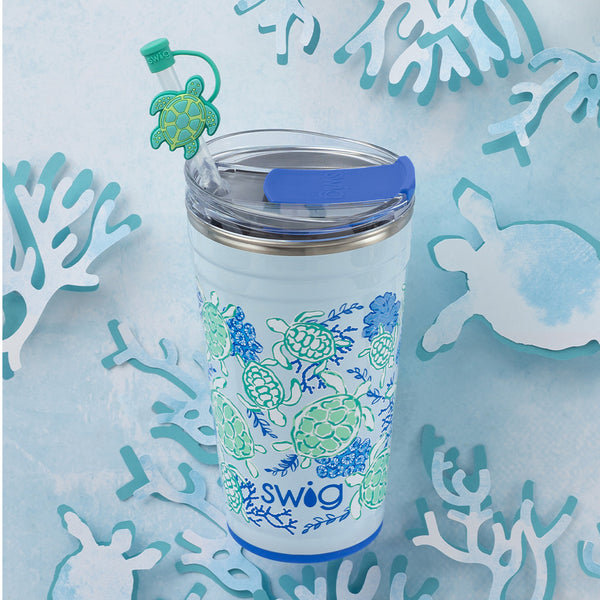 Swig Life 24oz Shell Yeah Insulated Party Cup on a blue ocean themed background