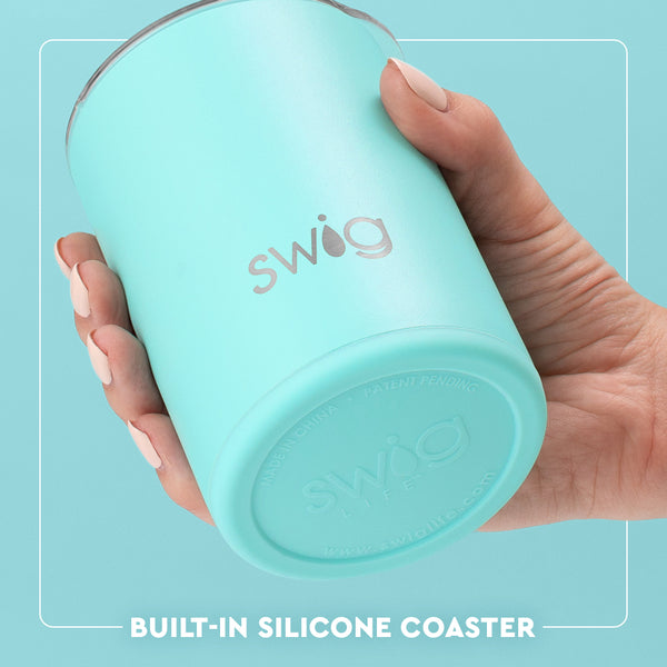 Swig Life 12oz Short Tumbler Built-in Silicone Coaster Base infographic shown in Aqua - slip-free, scratch-free, noise-free 