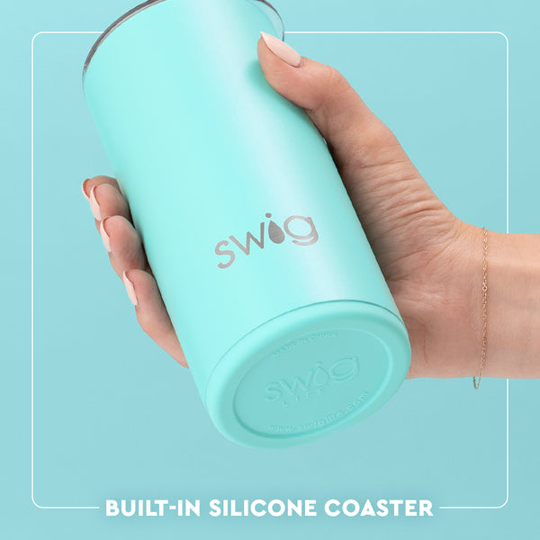 Swig Life 12oz Slim Tumbler Built-in Silicone Coaster Base infographic shown in Aqua - slip-free, scratch-free, noise-free 