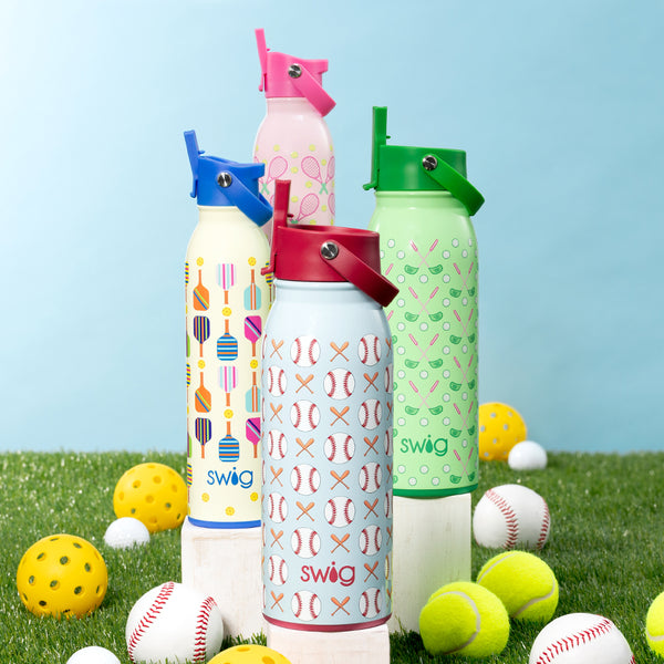 Swig Life Insulated Home Run 36oz Flip + Sip Water Bottle with Sports collection Flip + Sip Water Bottles surrounded by sports balls