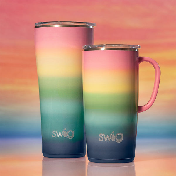 Swig Life Sunset XL Set including a 22oz Travel Mug and a 32oz Tumbler on a colorful sunset background