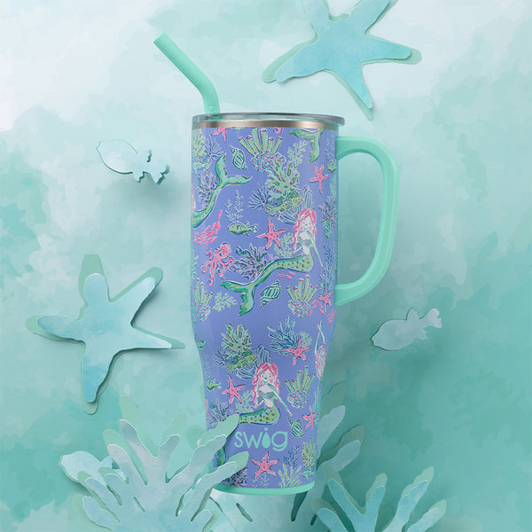 Swig Life 40oz Under the Sea Insulated Mega Mug on a watery blue background with sea creatures