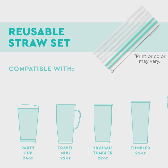 Swig Life Infographic showing Reusable Straw Set and the compatible mugs and tumblers