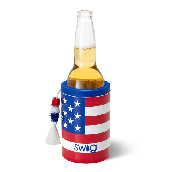 Swig Life 12oz All American Insulated Can + Bottle Cooler shown with a bottle inside