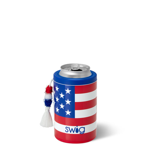 Swig Life 12oz All American Insulated Can + Bottle Cooler shown with a can inside