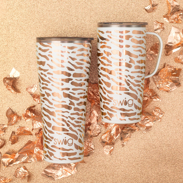 Swig Life Insulated 22oz Travel Mug and 32oz Tumbler in Glamazon Rose on a shining rose gold background