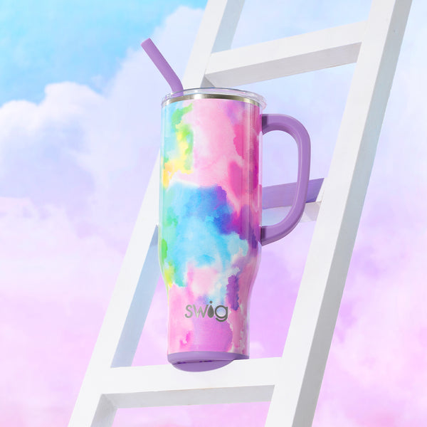 Swig Life 30oz Cloud Nine Insulated Mega Mug on a blue and purple cloudy background in the sky