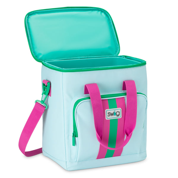 Swig Life Prep Rally Boxxi 24 Cooler open view showing aqua insulted lining and zipper enclosure