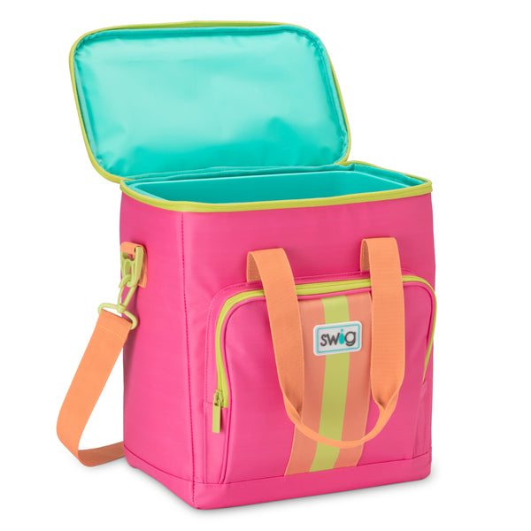 Swig Life Tutti Frutti Boxxi 24 Cooler open view showing aqua insulted lining and zipper enclosure