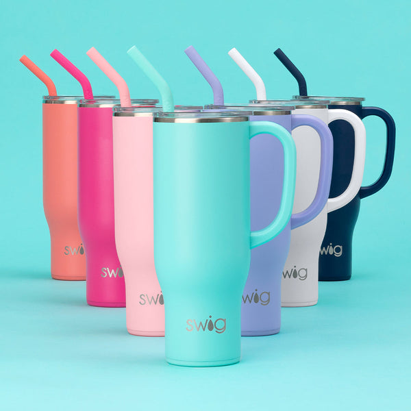 Swig Life 30oz Mega Mugs in Coral, Hot Pink, Blush, Aqua, Hydrangea, White and Navy on an aqua background