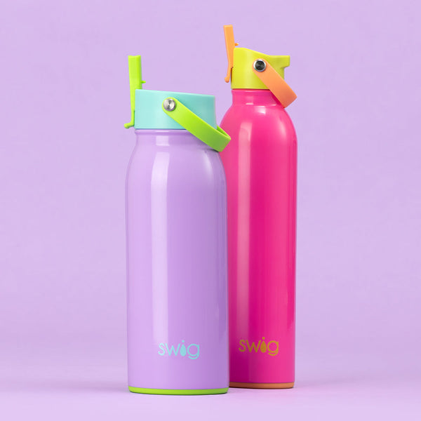 Swig Life Ultra Violet 36oz Flip + Sip Bottle and Tutti Frutti 26oz Flip + Sip Bottle on a purple background