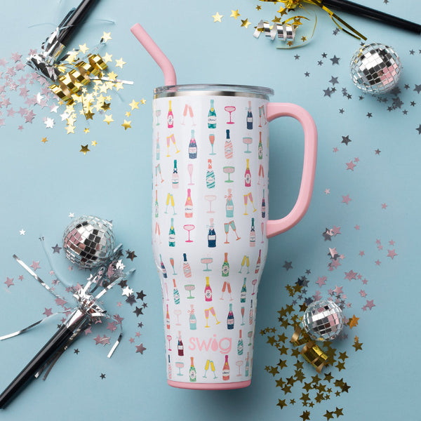 Swig Life Pop Fizz 40oz Mega Mug on a blue background with confetti and sparklers